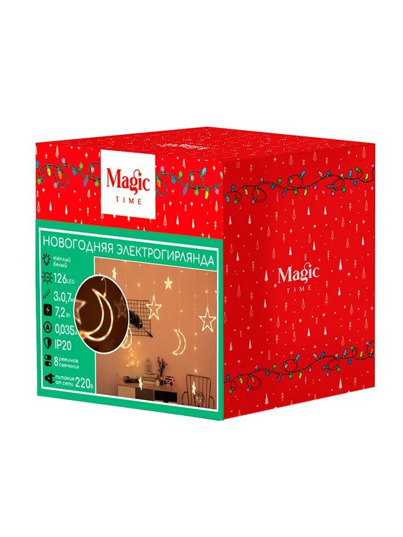 Гирлянда комнатная Бахрома "Звезды и полумесяцы" 3*0,7м, 126 теплых белых ламп, 8 режимов