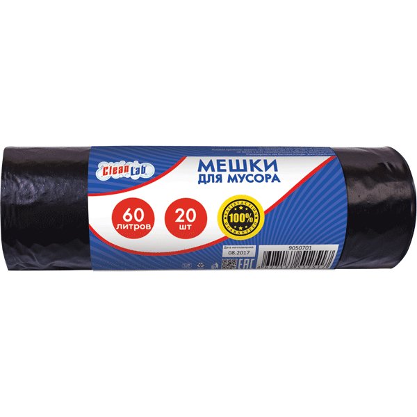 Мешки для мусора  60л. 20 шт/рул (12 мкм) ПНД CleanLab  60*70 см. черные Мешки для мусора  60л. 20 шт/рул (12 мкм) ПНД CleanLab  60*70 см. черные