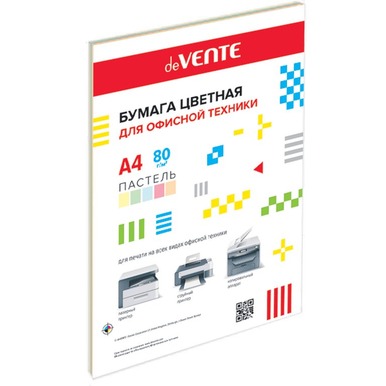 Бумага "deVente" 80г/м2 А4,  50 лист/уп, смесь пастельных цветов (5 цветов)