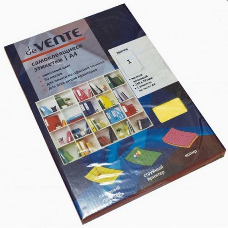 Бумага самоклеящаяся deVENTE. Neon 210*297 желтый, для лазерных и струйных принтеров