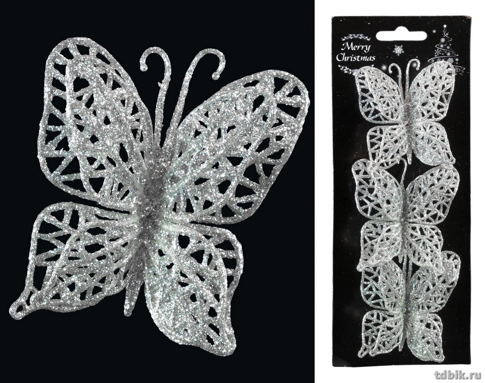 Украшение новогоднее на клипсе "Бабочки" цв. серебро, 7см, 3шт/уп