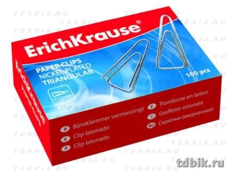 Скрепки 33 мм 100 шт/уп никелированные треугольные с загнут. краем Erich-Krause