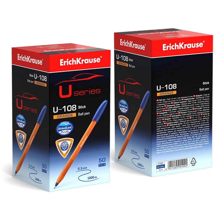 Ручка шариковая масляная ErichKrause U-108 Orange трехгр. 1,0мм, синяя (однор.,лин.0,3мм) игольч.