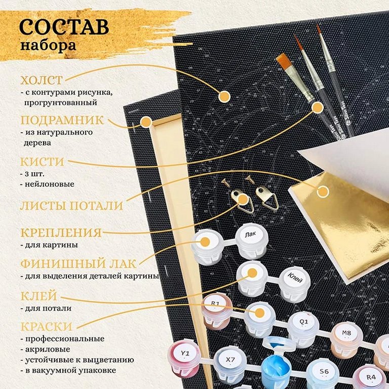 Роспись по номерам (холст) 40*50см черный с поталью "На темной стороне" (основа+акрил.кр+кисти) 13цв