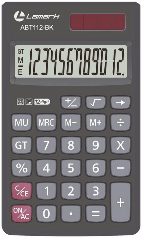 Калькулятор карм. Lamark112 (12 разр., 70x118.5x7.5 мм), черный с крыш.-книжкой
