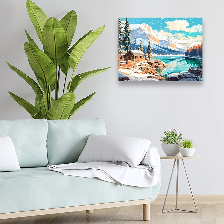 Роспись по номерам (холст) 40*50см с поталью "Домик у горного озера" (основа+акрил.+кисти)