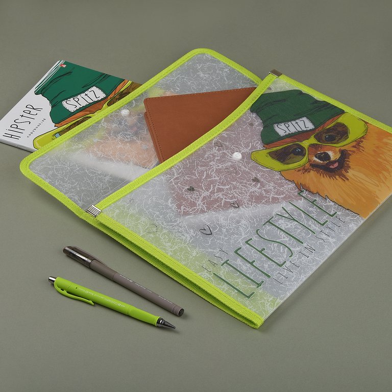 Папка для тетрадей А4 на кнопке BrunoVisconti "Псы на стиле. Шпиц" с текстильной окантовкой