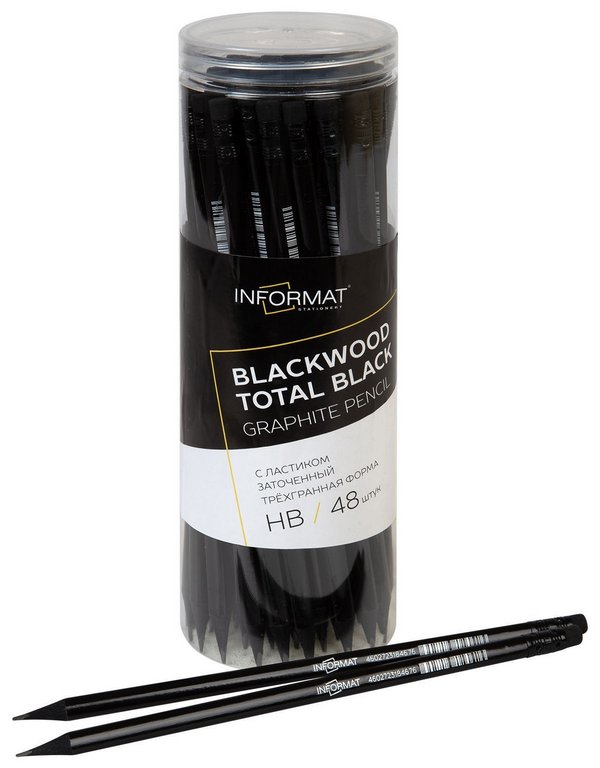 Карандаш ч/г HB трехгранный inФормат TOTAL BLACK BLACKWOOD, с ластиком (черное дерево)