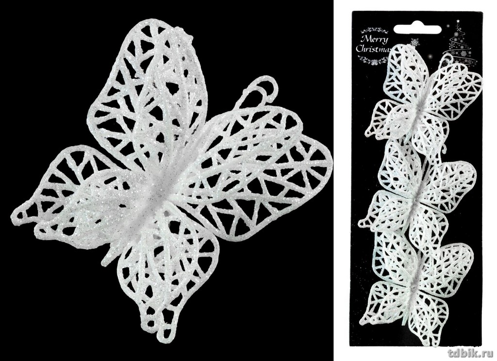 Украшение новогоднее на клипсе "Бабочки" цв. белый, 7см, 3шт/уп