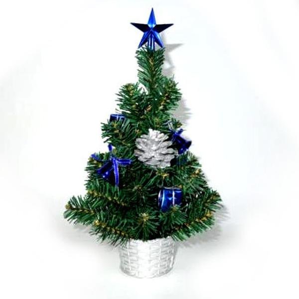 Ель декоративная   0,25 м украшенная (цв. гамма украшений синий/серебро)