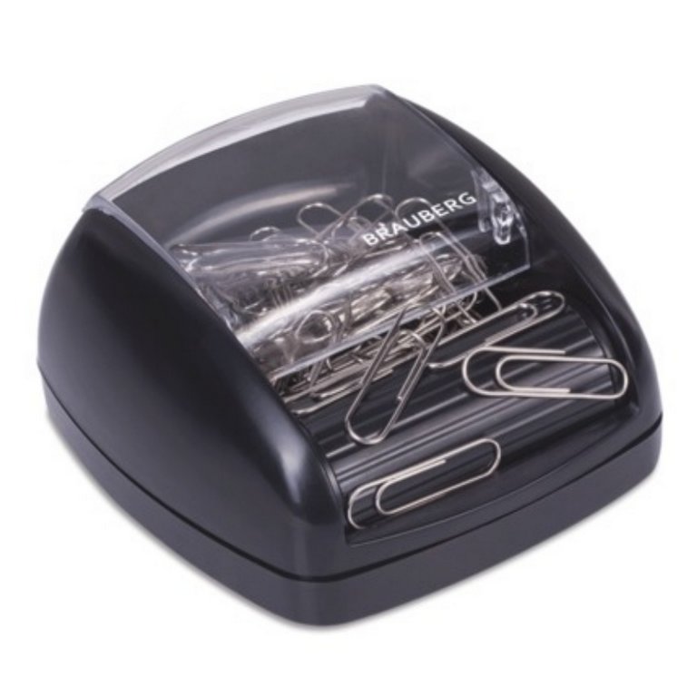 Диспенсер для скрепок магнитный + 30 скрепок, роликовый механизм, черный BRAUBERG