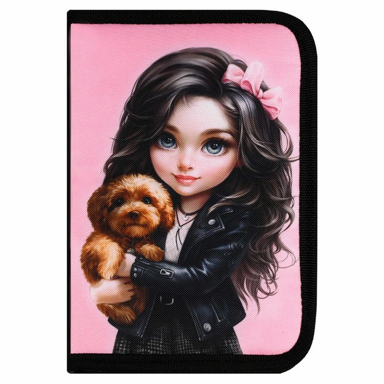Пенал 1 отд. 2 откид. планки для девочки Феникс+ "Брюнетка с собачкой" 13.3x20x3.5 см, полиэстер