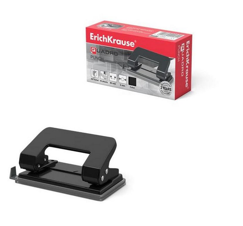 Дырокол до 10л метал. Erich Krause QUADRO с линейкой, ассорти