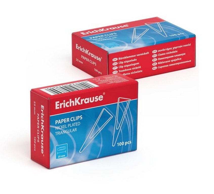 Скрепки 25 мм 100 шт/уп никелированные треугольные Erich-Krause