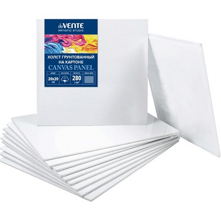 Холст грунтованный на картоне 20*20 см мелкое зерно (100% хлопок, 280 г/м) deVENTE