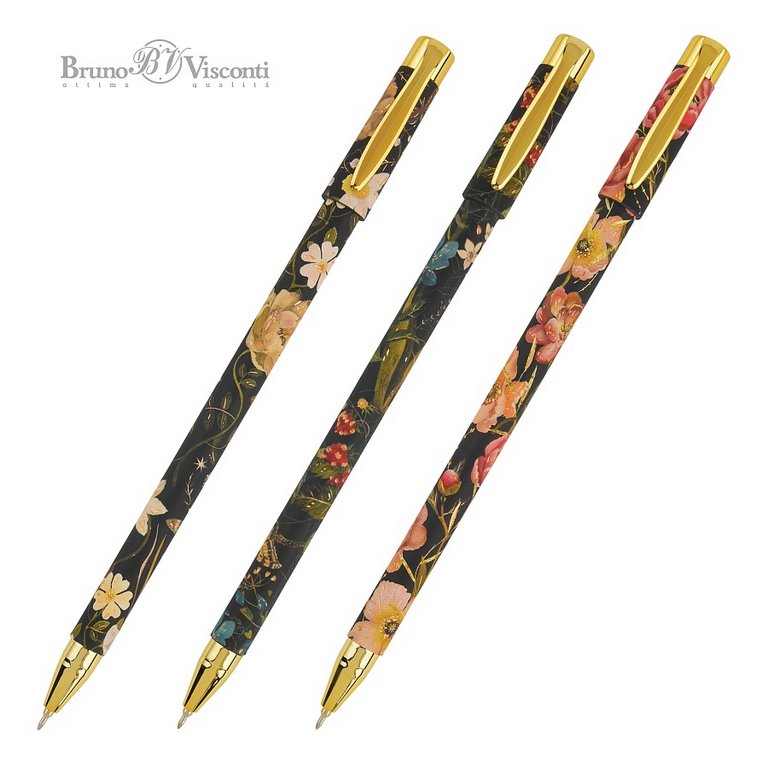 Ручка шариковая с рис. Bruno Visconti "Flora Black" 0,38мм синяя (стерж. 138мм, линия 0,36мм) игольч