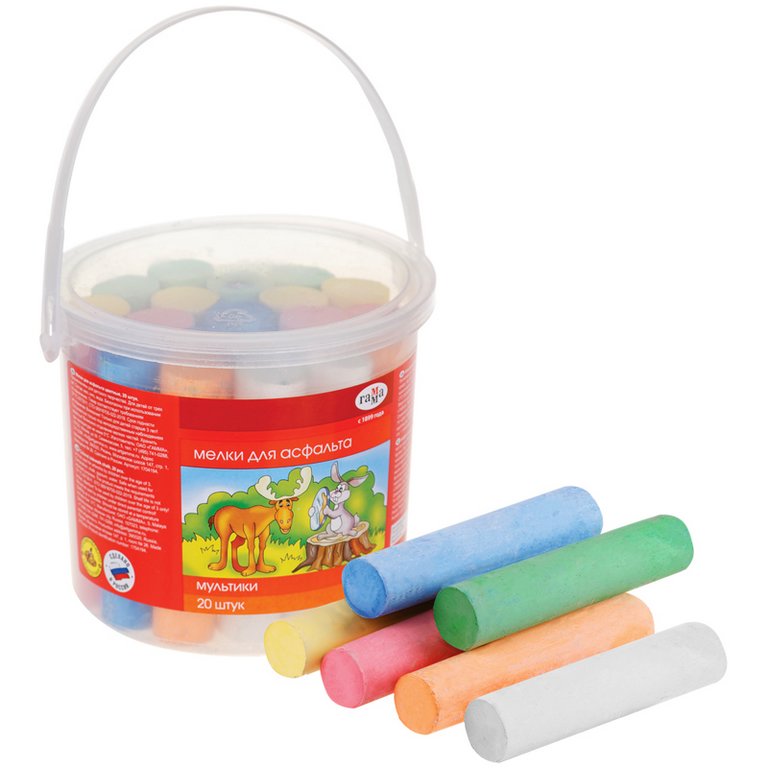Мел для рисования на асфальте цветной 20шт. 6цв. в ведерке  Гамма "Мультики"