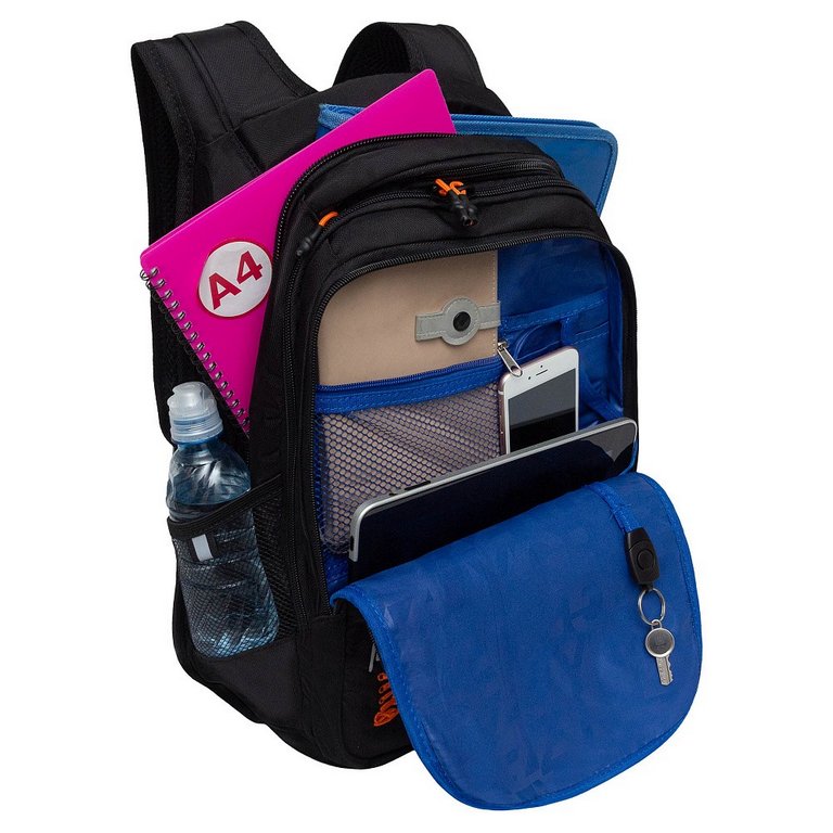 Рюкзак школьный для мальчика Grizzly 31*42*22 см, черный/оранжевый