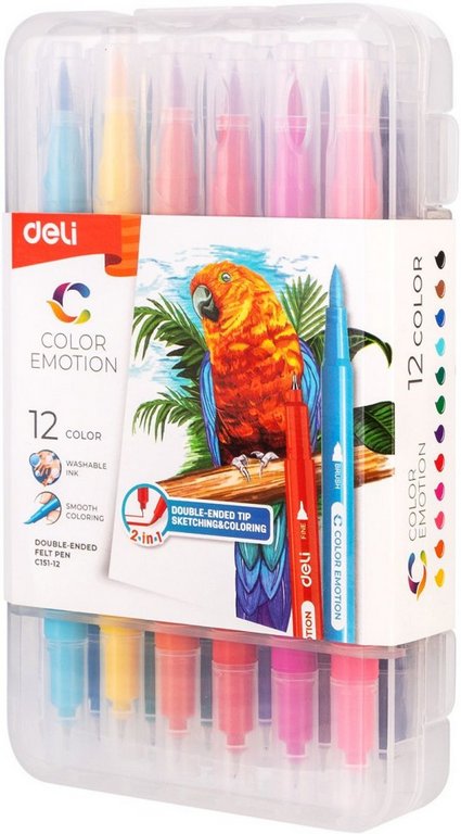 Набор фломастеров 12 цв. Deli "Color Emotion" двусторонние (кисть, игловидный), в пластиковом пенале