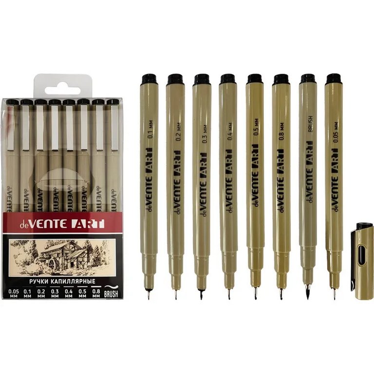 Набор Линеров 8шт deVENTE "ART" (0,05, 0,1, 0,2, 0,3, 0,4, 0,5, 0,8 мм и кистевидный) черный