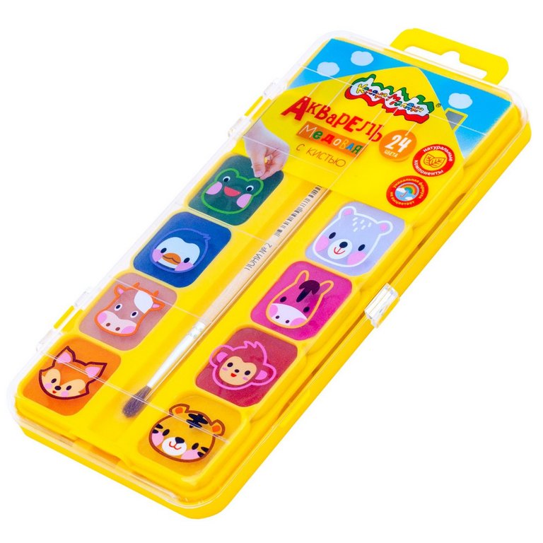 Краски акварельные 24 цв. медовые Каляка-Маляка "Зверята в домике" (кисть, пластиковая упаковка)