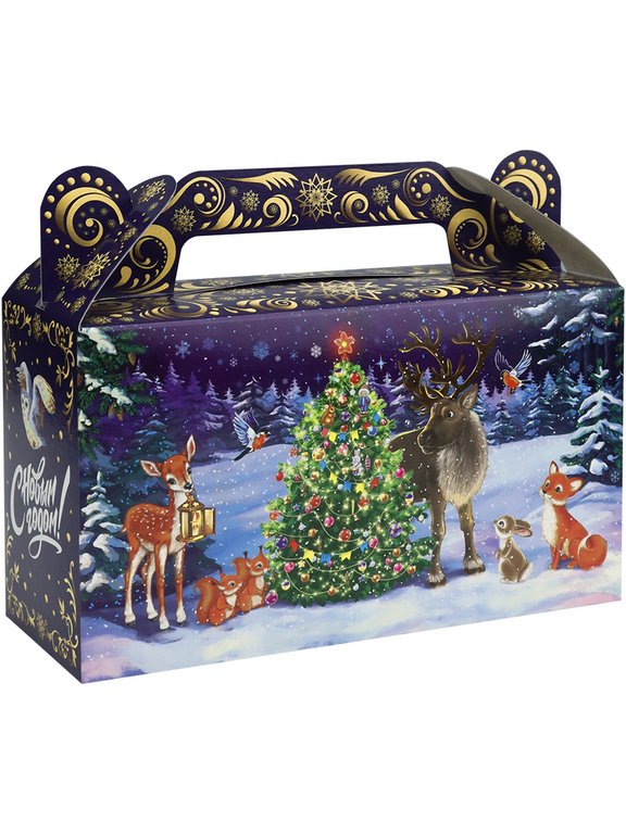 Коробка для конфет на  500 гр "Сундучок Дед Мороз. Внучка и лесные звери"
