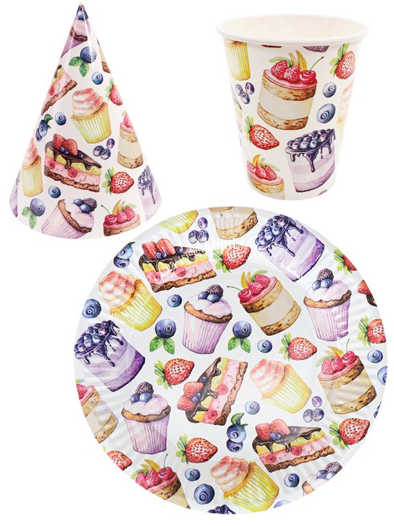Набор одноразовой посуды картон на 6 персон "Вкусняшки" (6 стаканов + 6 тарелок + 6 колпаков)