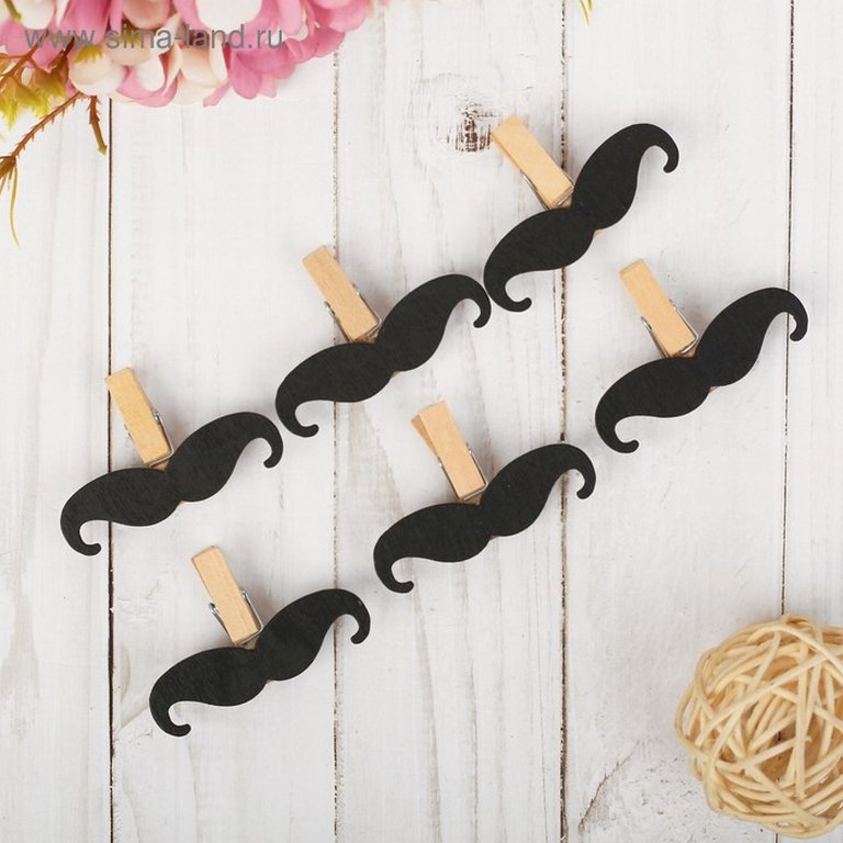 Прищепки деревянные с декором "Усы" (6 шт/уп)