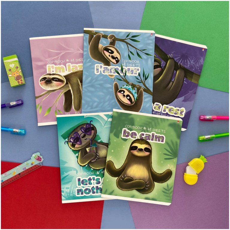 Тетрадь 48 лист кл. А5 на скрепке "КАРИБСКИЕ ЛЕНИВЦЫ" 5 видов