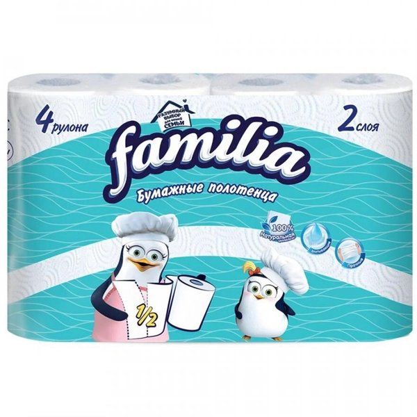Полотенце бумажное Familia 4 рул/уп белые, 2-х слойные, 100 листов в рулоне