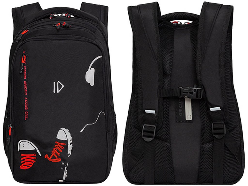 Рюкзак школьный для мальчика Grizzly 42*31*22 см, черный/красный