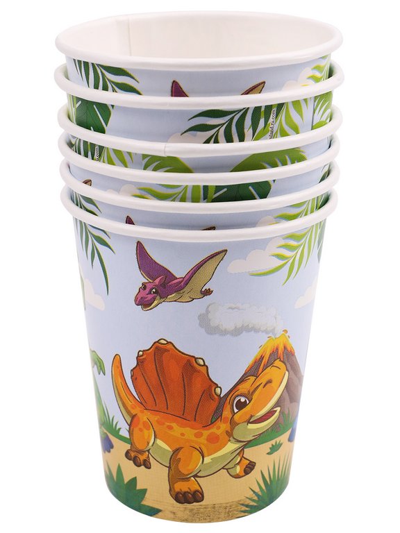 Набор одноразовой посуды картон на 6 персон "Динозавры" (6 стаканов + 6 тарелок + 6 колпаков)