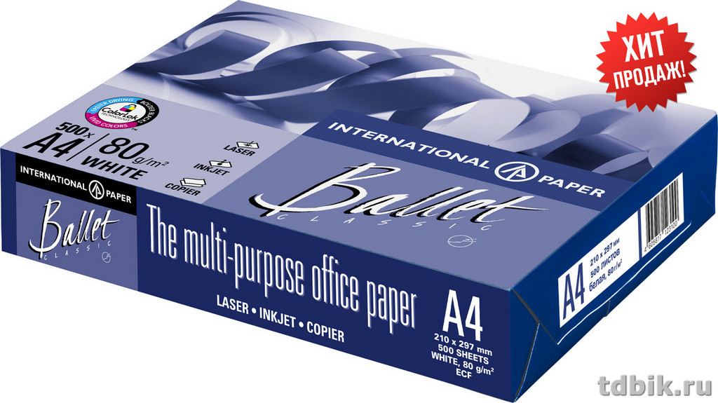 Бумага офисная Ballet Classic А4, 80 г/м2, 153% CIE, 96% ISO,толщ.104мкм,непрозр.92%, 500 л./пач.