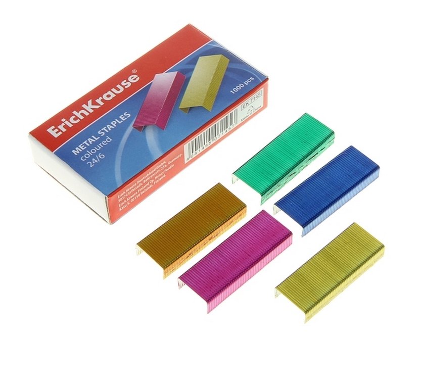 Скобы 24/6 Erich Krause 1000 шт/уп, цветные, до 30 листов