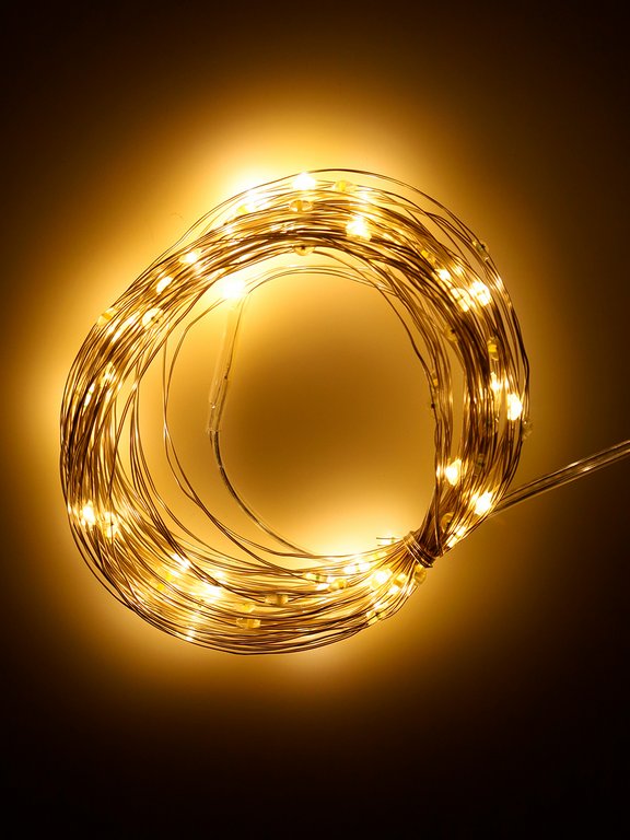 Гирлянда комнатная Нить  "Роса" .10м, 100 теплых ламп, 8 реж., от USB 5V, пульт
