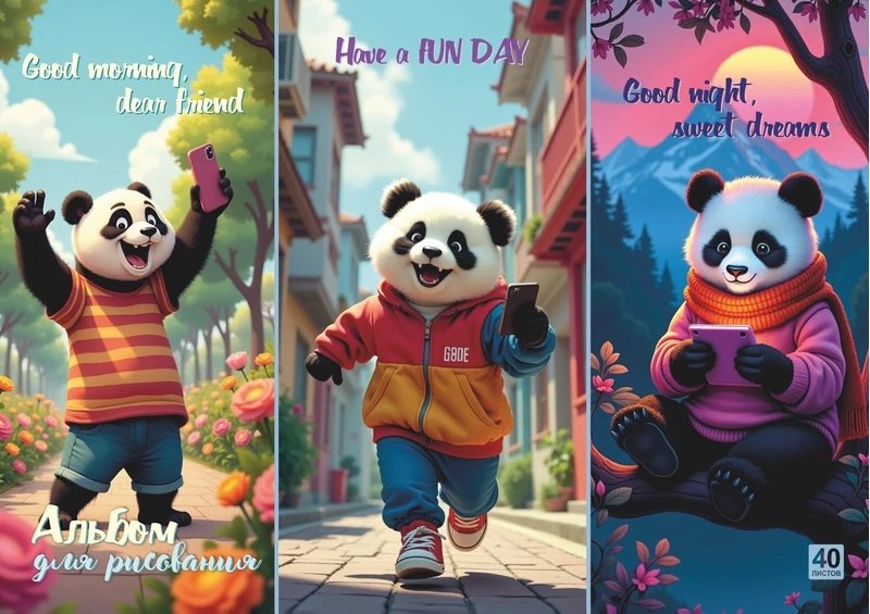 Альбом для рисования А4 40л. на клею "День панды", Lamark