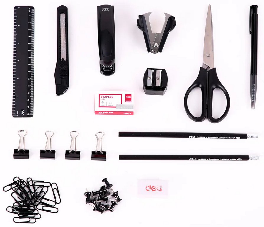 Набор настольный пластик 15 предметов Deli черный, вращающийся