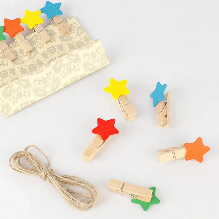 Прищепки деревянные с декором "Звёздочки" 35мм (10шт/уп)+ веревка 140 мм