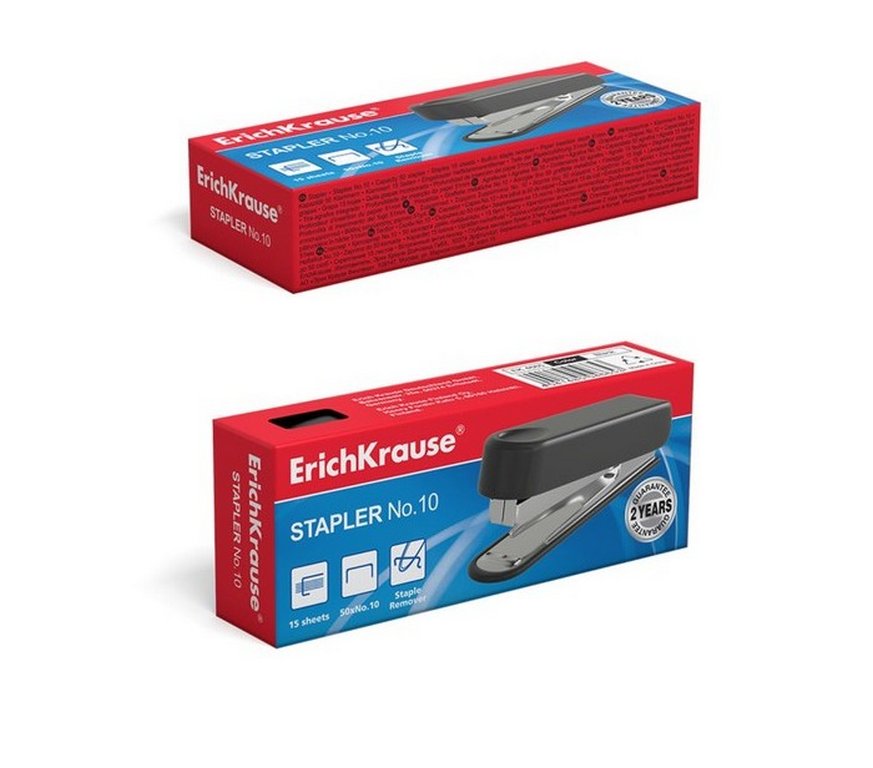Степлер № 10 до 15л Erich Krause, цв. черный с антистеплером (глубина 51мм)
