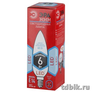 Лампа светодиодная В35 (свеча) 6Вт, Е14/840, холодный белый свет  Эра ECO