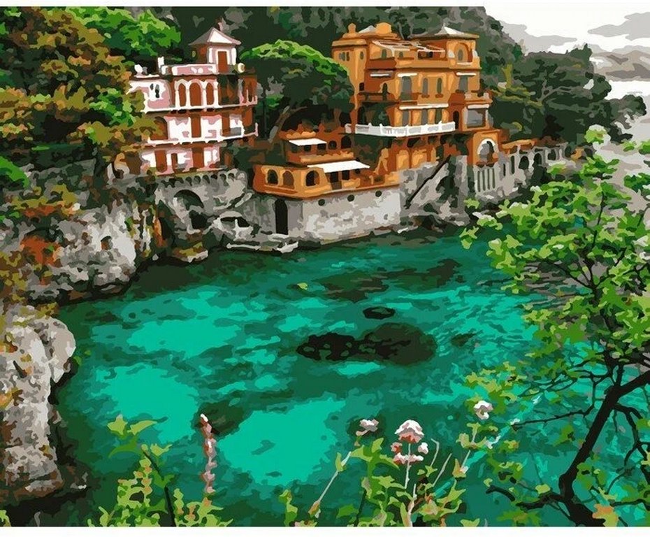 Роспись по номерам (холст) 40*50см "Рыбацкий город Италии" (основа+акрил.краски+кисть) LORI