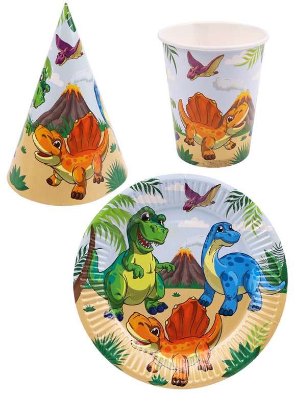 Набор одноразовой посуды картон на 6 персон "Динозавры" (6 стаканов + 6 тарелок + 6 колпаков)