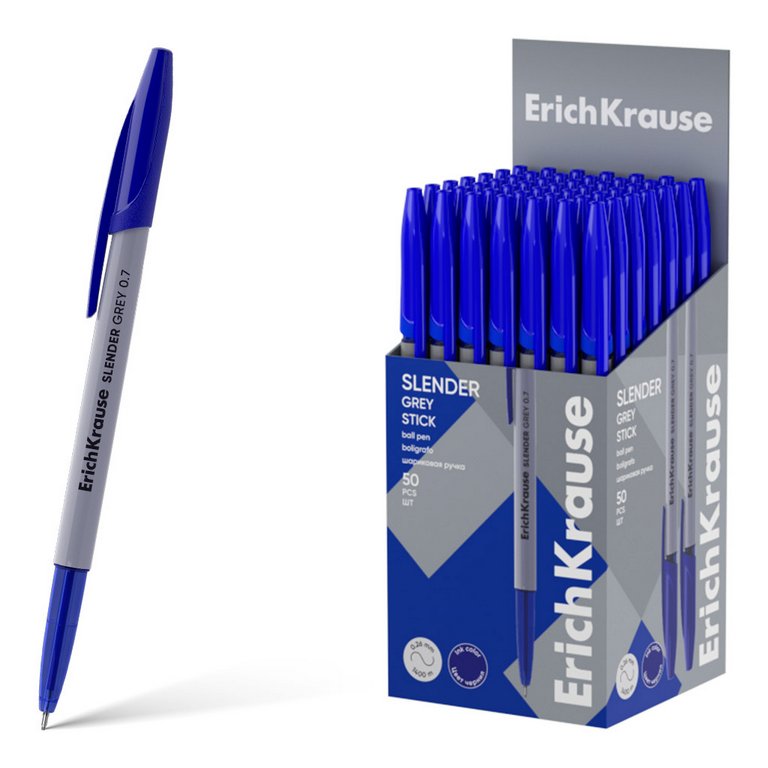 Ручка шариковая ErichKrause Slender Stick Grey 0,7мм, синяя (линия 0,26мм)
