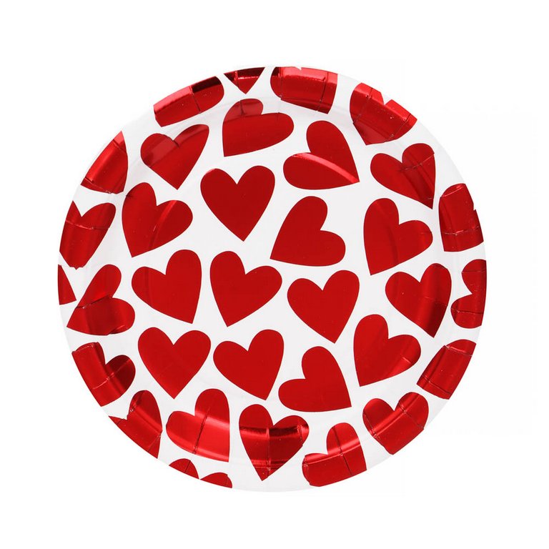 Тарелка картон d200  6 шт/уп "Фольгированные сердечки" ассорти