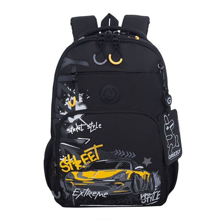 Рюкзак школьный для мальчика Grizzly 40*28*15,5 см, черный/серый