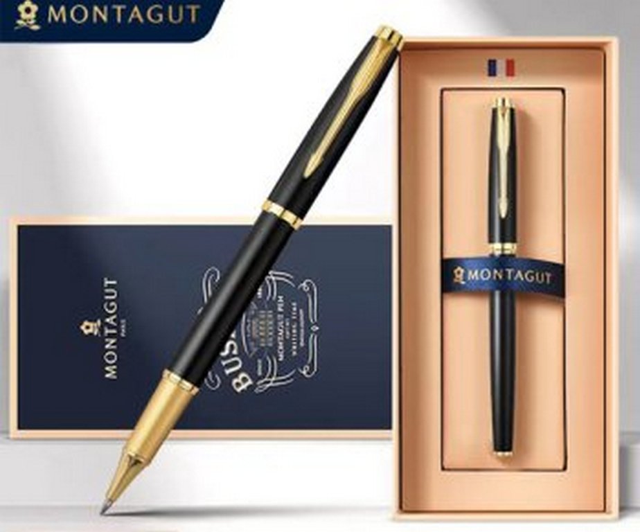 Ручка-роллер Montagut черная 0,5мм, подар.футляр, корпус мет. матовый черный/золотой