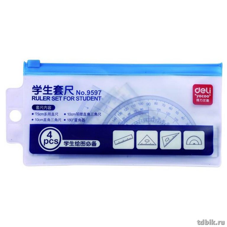 Набор чертежный (набор линеек) 4 пред. (2 треуг., линейка 15см., транспортир) Deli