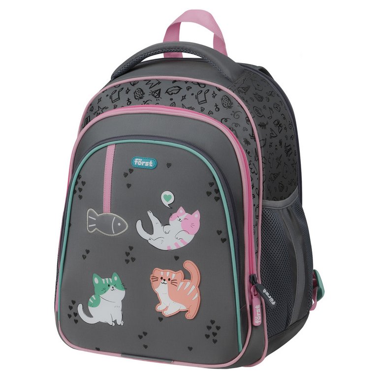 Рюкзак каркасный для девочки Forst F-Base "Kittens" 29*36*16 см серый/розовый