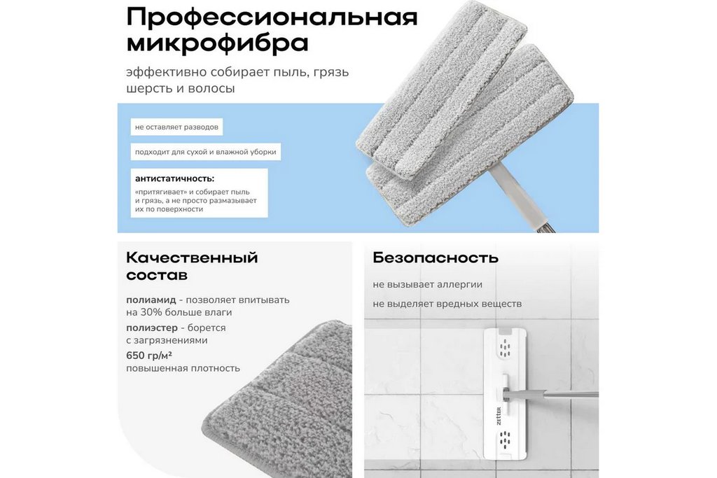 Моп для швабры ZETTER Premium (микрофибра) 40*12 см, карман/липучка, (набор 2шт)