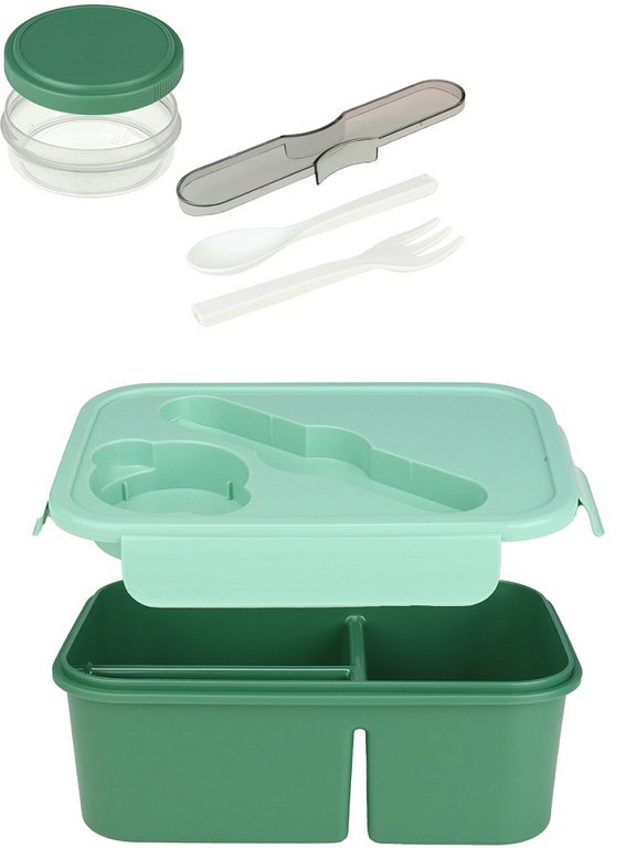 Ланч-бокс 1250 мл (с приборами, три отделения, отдел. для соуса) в термосумке, зеленый "Пастель"